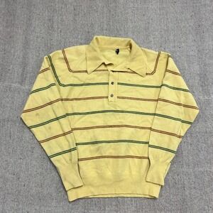 Vintage Sears Collared Sweater Mens Large Yellow 1970s Striped Long Sleeve